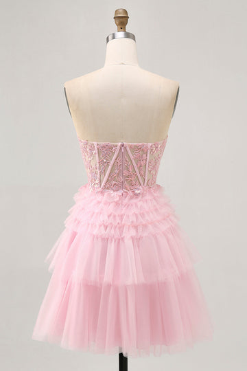 Strapless Pink A Line Corset Homecoming Dress with Appliques